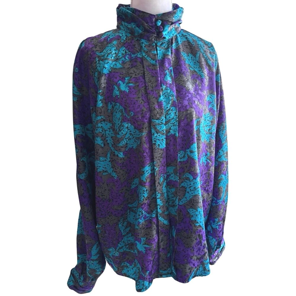 Vtg A K Collectible 80s blouse sz L  jewel tone high mocked button neck silky